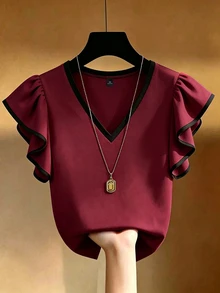 EMERY ROSE Plus Size French Elegant V-Neck Black & White Contrast Ruffle Trim Short Sleeve T-Shirt, Slim Fit Co - Multicolor - View 1
