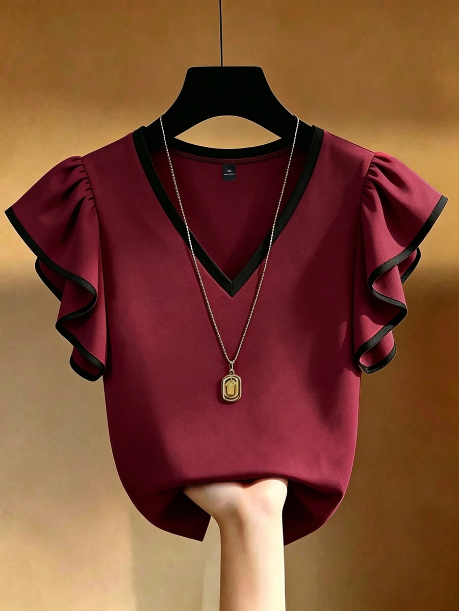 EMERY ROSE Plus Size French Elegant V-Neck Black & White Contrast Ruffle Trim Short Sleeve T-Shirt, Slim Fit Co - Multicolor - View 1