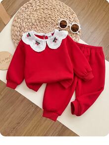 SHEIN Baby Girl Cherry Embroidery Pattern Casual Daily Long Sleeve Sweatshirt And Pants Set - Red - View 1