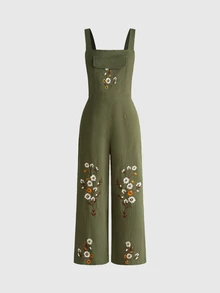 ROMWE Hippie Vintage Mori Style Floral Embroidered Overall Jumpsuit - Dark Green - View 1