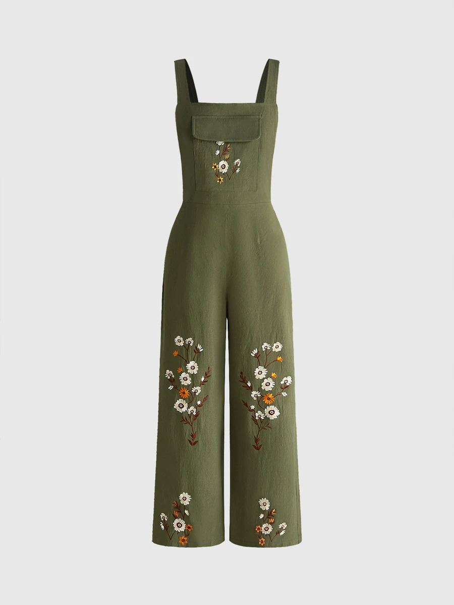 ROMWE Hippie Vintage Mori Style Floral Embroidered Overall Jumpsuit - Dark Green - View 1