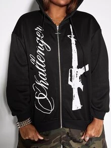 ROMWE Grunge Punk Plus Size Women's Letter Print Long Sleeve Zip-Up Hooded Sweatshirt - Black - View 2
