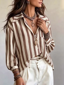 SHEIN Franclia Women's Striped Casual Versatile Daily Commute Shirt - Coffee Brown - View 7