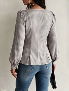 Elegantrix Women's Plus Size Autumn Single Piece Square Neck Button-Up Cinched Waist Ruffle Hem Striped Blouse, Slim Fit French Style Commuter Office Top - Khaki - View 2