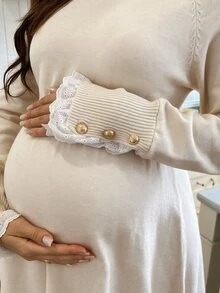 SHEIN 孕婦蕾絲拼接 A 字版針織長袖洋裝，休閒日常穿著冬季款 - 米色 - 查看 4