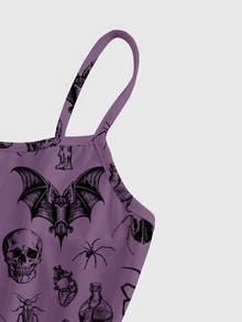 ROMWE Dark Gothic Mori Style Moon Sun Star Sexy Spaghetti Strap Elastic Plus Size Dress - Purple - View 3