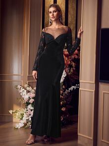 MOTF Soiréza WOMEN'S LACE PATCHWORK SQUARE NECK ELEGANT MERMAID EVENING DRESS - Black - View 7