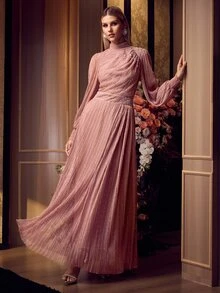 MOTF Soiréza WOMEN'S SOLID COLOR STAND COLLAR FAUX PEARL DECOR LANTERN SLEEVE PLEATED ELEGANT EVENING DRESS - Pink - View 7