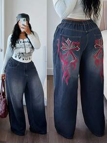 Jeanoix Y2K Plus Size Outdoor Fashion Street Style Flame Pattern Cross Embroidery Blue Denim Wide Leg Pants - Dark Wash - View 1
