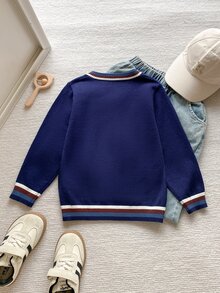 PrepCrw Sweater Kasual Lengan Panjang Berkerah V Bergaris Motif Beruang Kartun untuk Anak Laki-Laki - Royal Blue - View 2