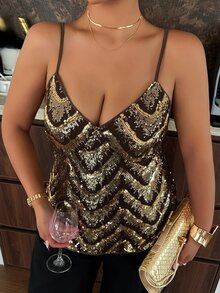 Dazy Plus Banquet V-Neck Spaghetti Strap Sequin Decor Slim Fit Black & Gold Party Style Tank Top - Gold - View 7