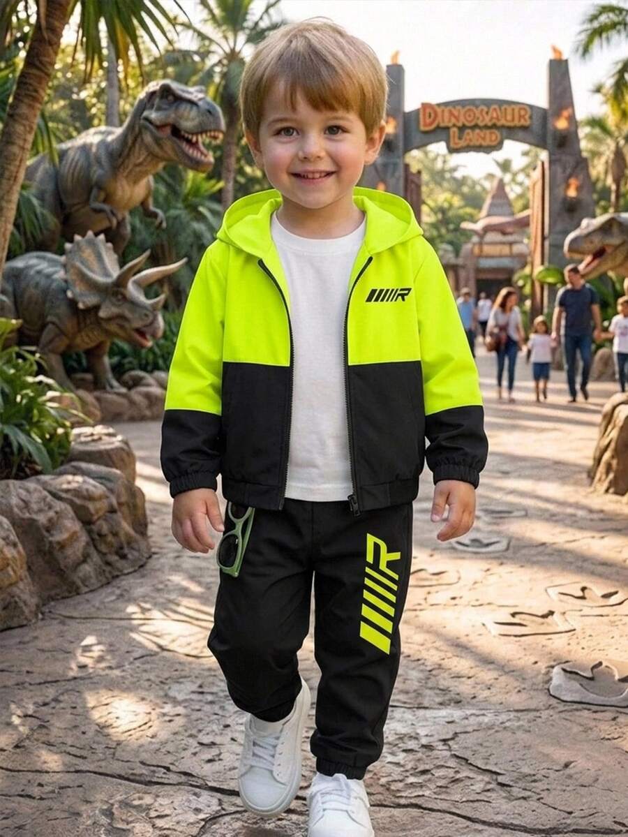 SHEIN Young Boys Spring Summer Autumn Winter Patchwork Sports Pattern Colorblock Hooded Thin Jacket And Solid Color Long Pants 2 Pieces Set, Suitable For Outdoor Travel And Outings - Multicolor - View 1