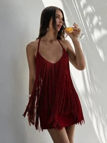 Aloruh Women's Spring/Summer Spaghetti Strap Deep V-Neck Tassel Decor Asymmetrical Hem Mini Dress - Burgundy - View 1