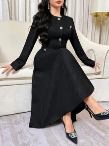 Feyla Women's Elegant Black Textured Fabric Rhinestone Button Decorated Slim Fit Jacket And Umbrella Skirt 2 Pieces Set - Black - View 3