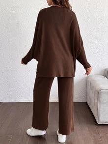 SHEIN 孕婦羅紋前綁帶長袖上衣與可調腰圍長褲兩件套 - 咖啡棕 - 查看 2