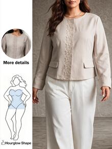 Hourglow Plus Size Women's Embroidered Blazer Jacket Collarless Long Sleeve Cropped Elegant Outerwear Flattering For Hourglass Shape - Khaki - View 1