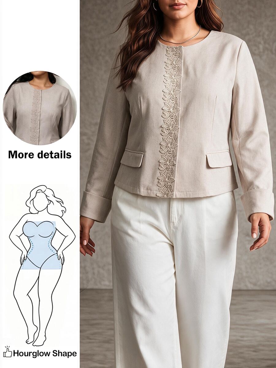 Hourglow Plus Size Women's Embroidered Blazer Jacket Collarless Long Sleeve Cropped Elegant Outerwear Flattering For Hourglass Shape - Khaki - View 1