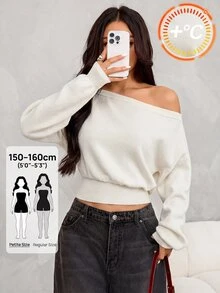 SHEIN PETITE 女款純色不對稱肩休閒性感優雅百搭日常長袖針織衫 夜店聚餐黑色秋季 - 白色 - 查看 10