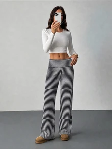 SHEIN Tall 女款休閒卡其色條紋長褲，適合工作與休閒穿著 - 黑與白 - 查看 6