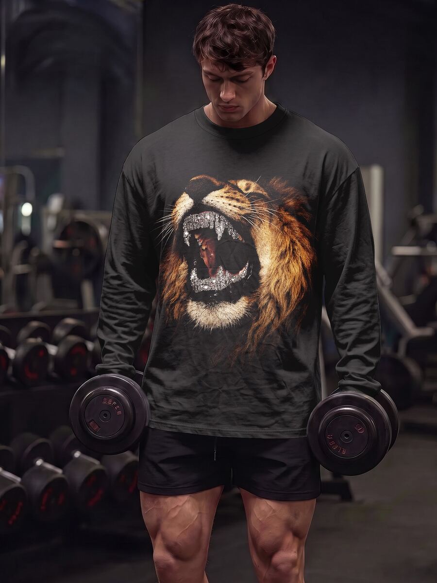 GymBeat Men's Crew Neck Workout Long Sleeve T-Shirt, Roaring Lion Rhinestone Effect Print Loose Gym Training Top - Multicolor - View 1