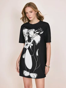 LOONEY TUNES X SHEIN Women's Cartoon Print Short Sleeve Casual Short Dress LOONEY TUNES - Black - View 4