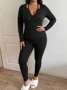 Dazy Plus Elegant Contrast Lace Fitted Top & Pants 2-Piece Set, Home Wear, Autumn/Winter Pajama Set - Black - View 4