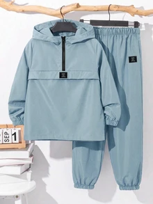 SHEIN 青少年男孩運動套裝，秋冬四季街頭風畢業返校半拉鍊連帽外套與抽繩長褲，休閒純色運動服，秋季服飾 - 藍色 - 查看 1