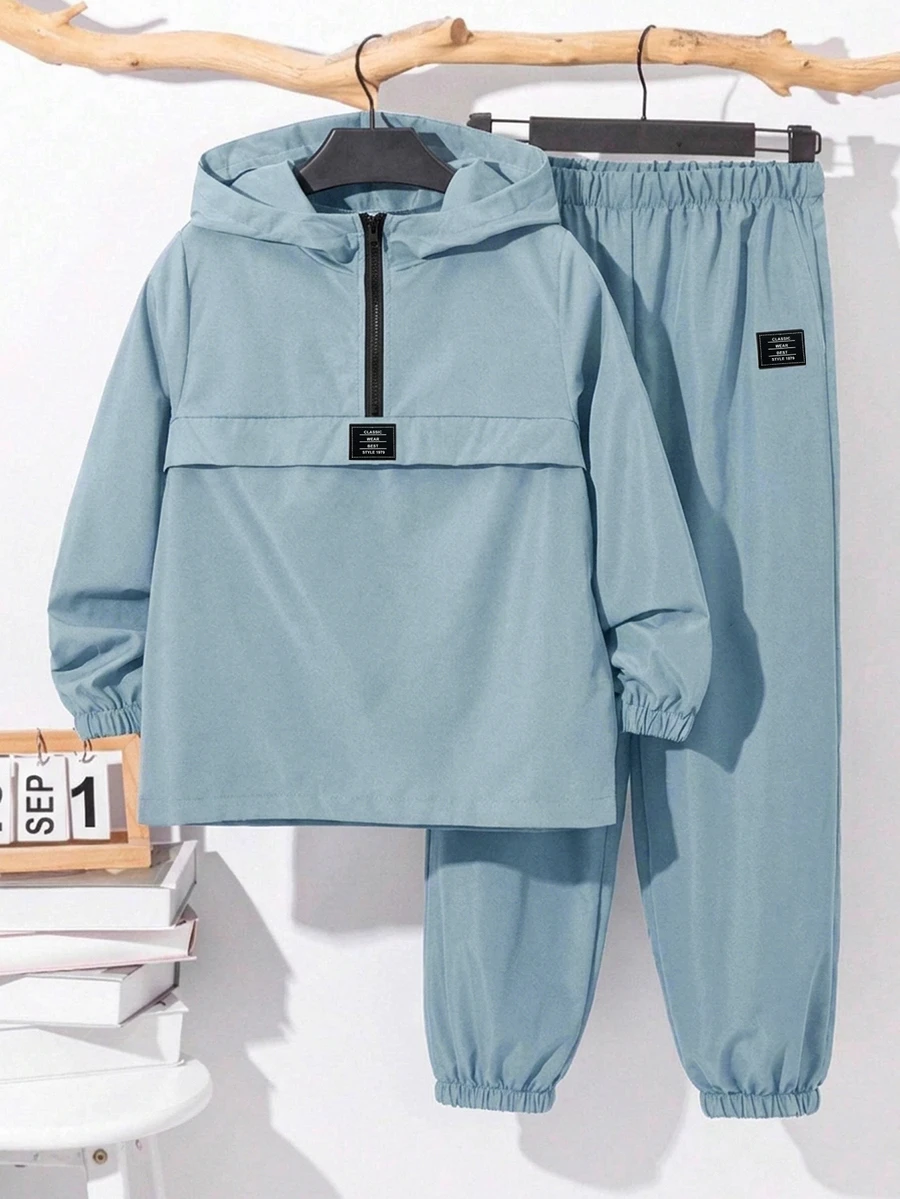 SHEIN 青少年男孩運動套裝,秋冬四季街頭風畢業返校半拉鍊連帽外套與抽繩長褲,休閒純色運動服,秋季服飾 - 藍色 - 查看 1