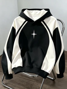 Daypath 男士寬鬆版型連帽衛衣，黑白對比星爆印花連帽運動衫，黑白極簡對比搭配星爆飾邊，街頭高端風格 - 彩色 - 查看 2