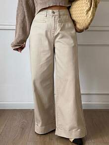 Dazy Plus Autumn Casual Loose Fit Slanted Pocket Loose Retro Wide Leg Long Pants All Season Denim Jeans Going Out Beach Cream - Apricot - View 4