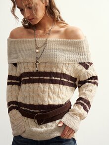 Bohemela Women's Striped Off-Shoulder Long Sleeve Cable Knit Fashion Sweater - Multicolor - View 5