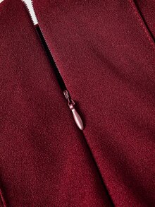 SHEIN MOD 純色高腰壓線摺褶喇叭白色裙 - 酒紅色 - 查看 4