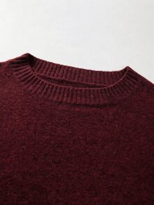 SHEIN 秋冬女款單肩針織鬆垮毛衣，寬袖寬鬆版型，柔軟舒適保暖針織衫 - 酒紅色 - 查看 3
