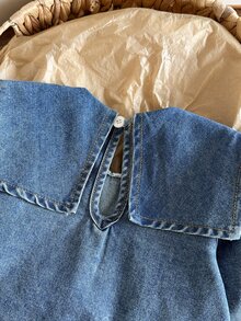 SHEIN 1件幼女牛仔洋裝 甜美藍粉色愛心刺繡 泡泡袖方領 常規款 生日派對 秋季假期 公主芭蕾復古風 - 中等水洗藍 - 查看 5
