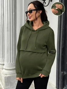 SHEIN 孕婦純色長袖休閒抽繩連帽哺乳衛衣 冬季 - 軍綠色 - 查看 7