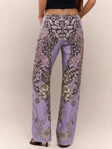 MUSERA 孔雀印花繫帶直筒印花牛仔褲 Coo 秋季 - 紫色 - 查看 3