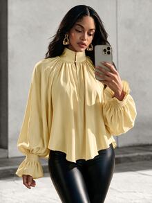Eryvara Women's Fashionable Elegant Solid Color Ruffle Asymmetric Hem Blouse, Suitable For Vacation, Autumn Brunch, Beach Garden Party And Other Occasions, Light Yellow Tone. - Yellow - View 5