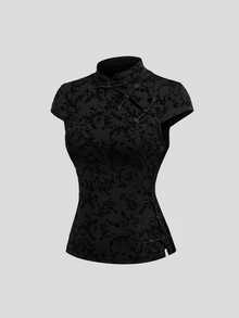 Sweetra CURVE Women's Black Stand Collar Asymmetrical Flocked Side Slit Chinese Style Top - Black - View 5