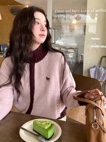 DAZY Women's Unicorn Embroidered Contrast Color Dropped Shoulder Long Sleeve Zipper Front Knit Cardigan - Pink - View 3