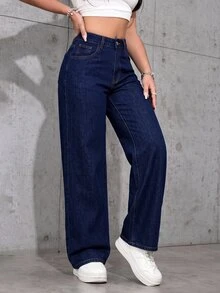 SHEIN PETITE 女款高腰口袋寬腿寬鬆休閒牛仔褲 - 深色水洗藍 - 查看 5