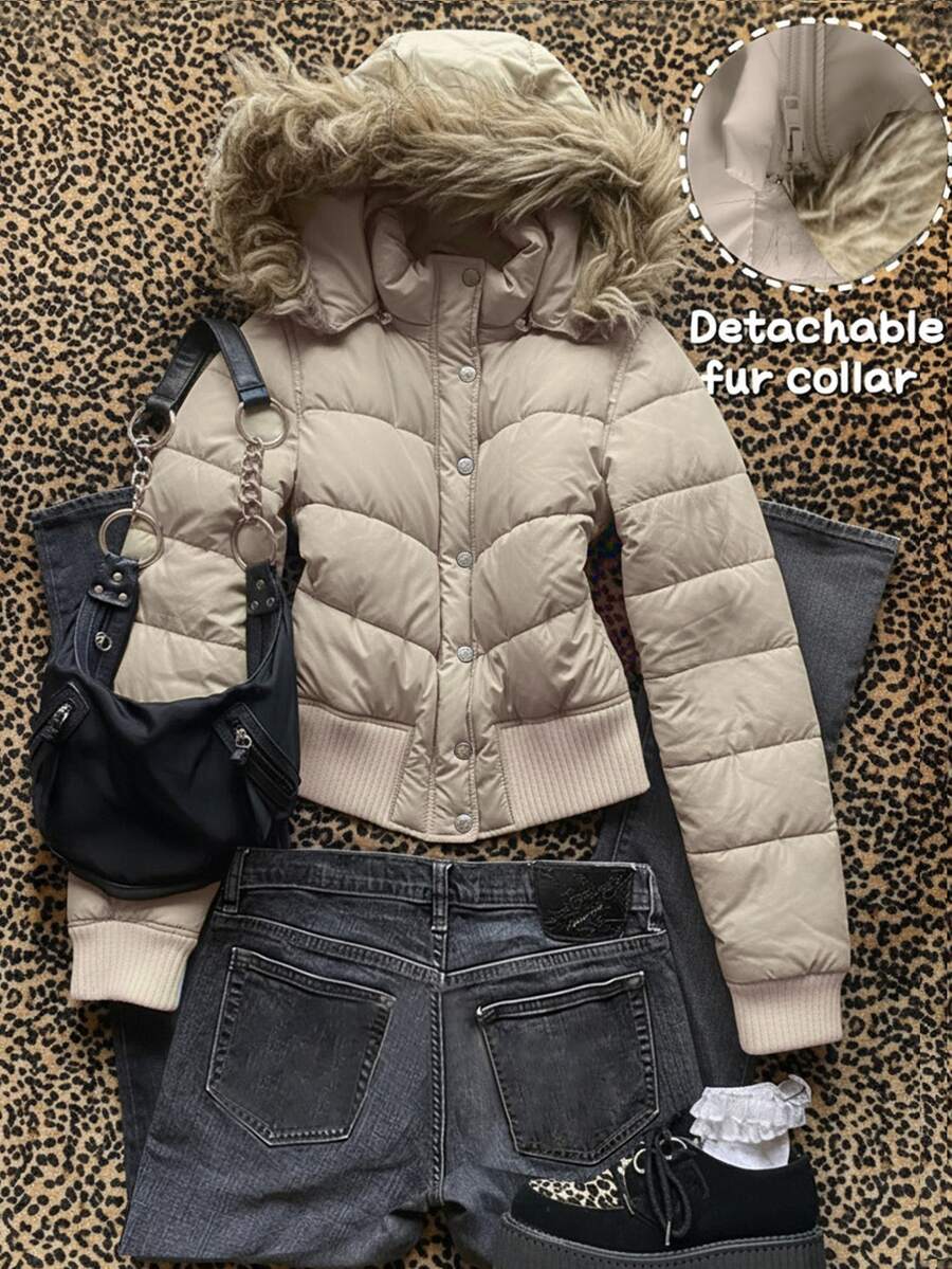 Franclia Women's Solid Color Long Sleeve Single-Breasted Detachable Fur Collar Hooded Winter Jacket - Khaki - View 1