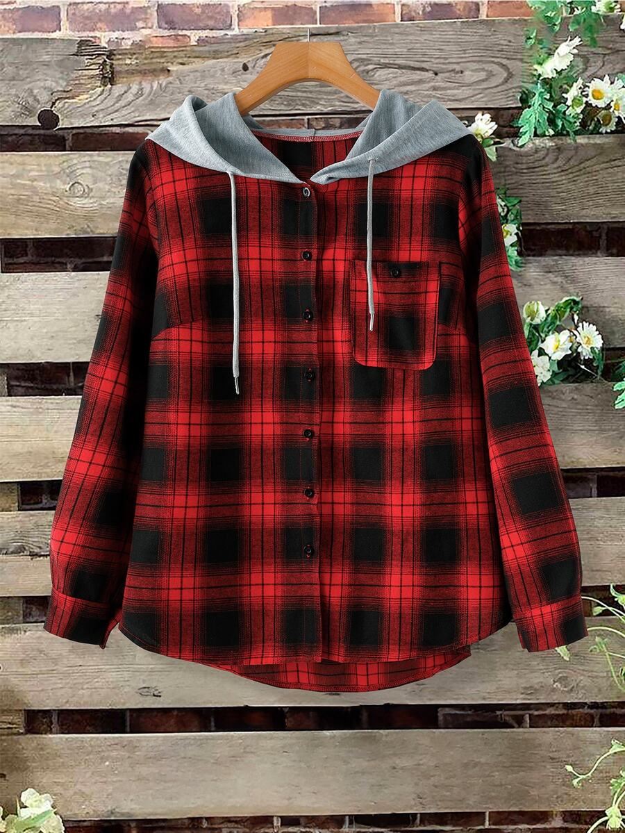 Linhara Plus Size Women's Best-Selling Elegant Casual Classic Plaid Patchwork Hooded Contrast Color Long Sleeve Shirt, Simple Cut Slimming Fit Multi-Functional Pocket Design, Suitable For Daily Commute, Christmas Party, Outing Date Gathering Travel Wear Shacket - Multicolor - View 1