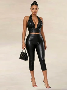 Sirith Women's Sexy Halter Tie Tank Top And PU Material 7/10 Length Leggings 2 Pieces Set - Black - View 5