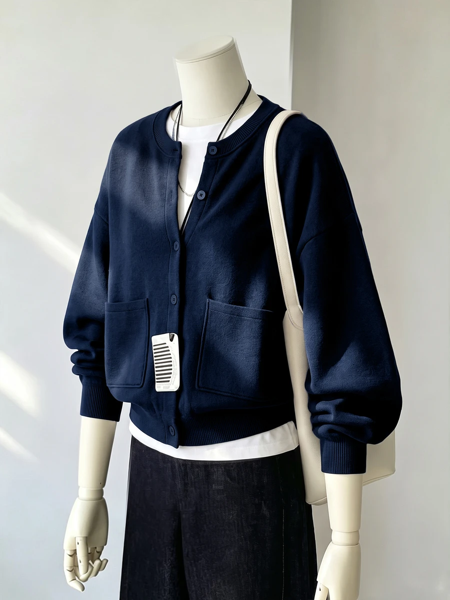 Collagica Collagica Jaket Wanita Polos Lengan Panjang Kancing Tunggal dengan Saku, Kerah Baseball Kasual, Musim Gugur - Navy Blue - View 1