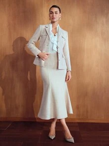 MOTF PREMIUM WOMEN'S TWEED FABRIC SLIM FIT JACKET AND SKIRT SET - Pink - View 7
