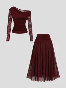 Sweetra Y2K Sexy Lace Patchwork Commuter Versatile College Casual Skirt 2 Pieces Set - Burgundy - View 8