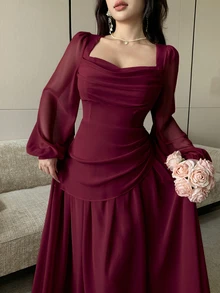Modelyn 垂領泡泡長袖收腰不對稱百褶雪紡喇叭裙 - 紅色 - 查看 6