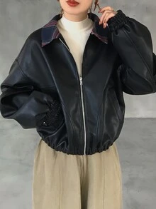 FRIFUL Women's Elegant PU Material Long Sleeve Jacket With Pockets And Zipper - Black - View 5