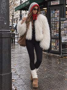 Flirla Women's Faux Fur Jacket, Short Style, Slimming, Elegant, Vacation Style - White - View 1