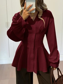 Siren Gaze 女款秋冬新款收腰 A 字長袖荷葉邊襯衫上衣 優雅端莊休閒春季波爾多紅/酒紅 - 酒紅色 - 查看 6